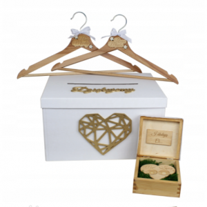 ZESTAW ŚLUBNY- białe pudełko na koperty, wieszaki i pudełko na obrączki – Biel&drewno