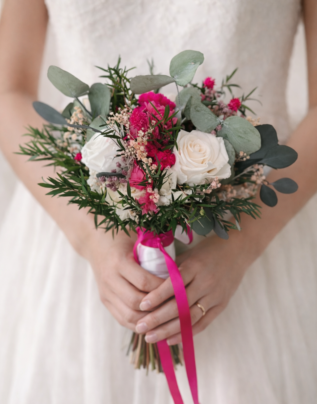 BUKIET ŚLUBNY preparowany- Fuksja i Eukaliptus